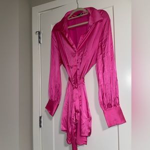 Hot pink satin shirt dress